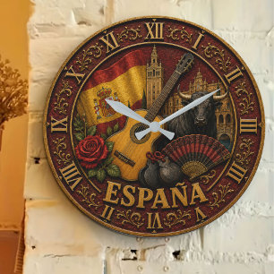 Reloj Redondo Grande Spain Flag Spanish Bull Guitar Flamenco Vintage