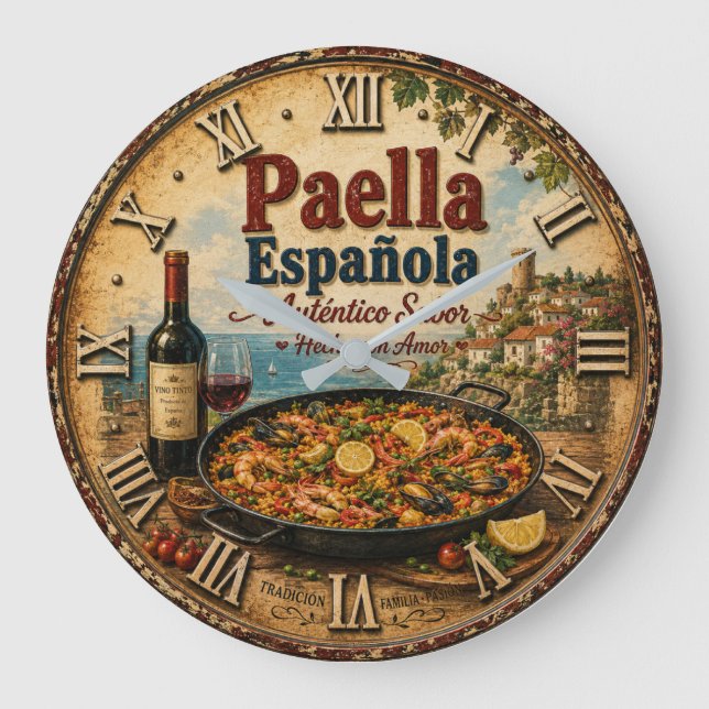 Reloj Redondo Grande Spanish Paella Rustic Mediterranean Kitchen  (Anverso)