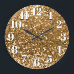 Reloj Redondo Grande Sparkly Gold Chunky Purpurina<br><div class="desc">Chunky dorado, purpurina secuencial o confetti con un borrón negro y números falsos de grasa blanca y brillante con una sombra azul oscura sobre un reloj de pared personalizado para ella. Aunque no lo puse como plantilla, puedes usar tu propia foto. Puede cambiar el color del texto de la cara...</div>