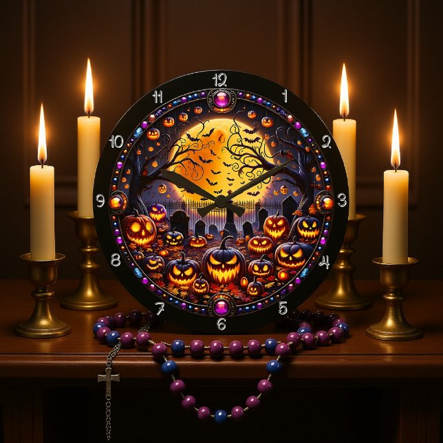 Reloj Redondo Grande Spooky Halloween Graveyard Jack-o'-Lanterns (Subido por el creador)