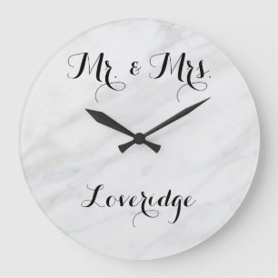 Reloj Redondo Grande Sr. Personalizado y la Sra. White Grey Gray Marble