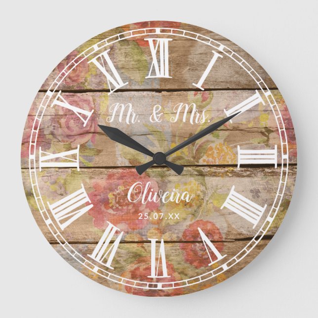 Reloj Redondo Grande Sr. Rustic Farmhouse Floral Wood Roman Numeral (Anverso)