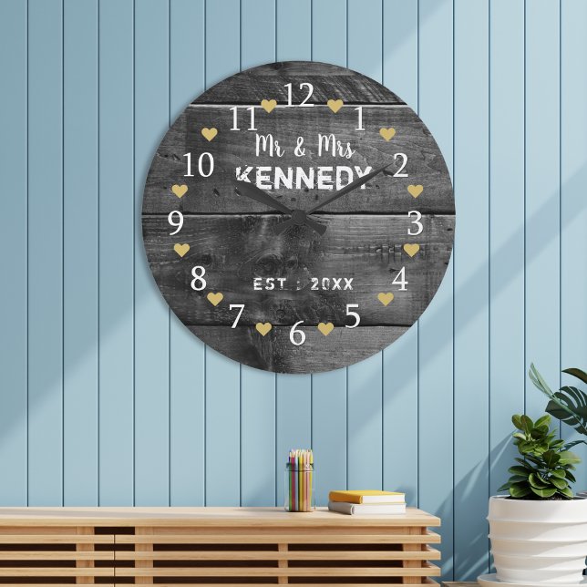 Reloj Redondo Grande Sr. Y Sra. Boda Aniversario Rustic Wood (Mr And Mrs Wedding Anniversary Rustic Wood Large Clock)