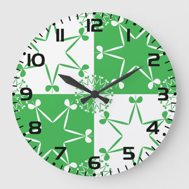 Reloj Redondo Grande St Patricks Day Green Clover Star Geometric (Anverso)
