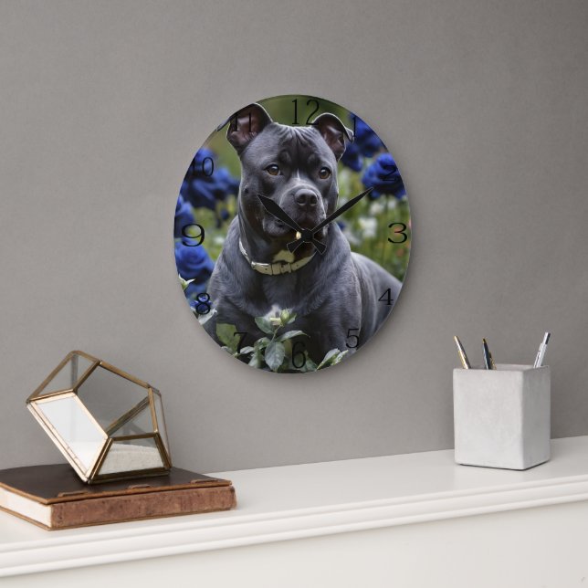 Reloj Redondo Grande Staffordshire Bull Terrier In Blue Rosa Garden, (Oficina)