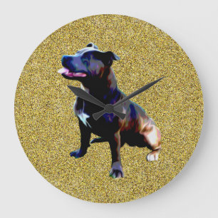 Reloj Redondo Grande Staffordshire Bull Terrier On Gold, Reloj Grande