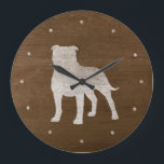 Reloj Redondo Grande Staffordshire Bull Terrier Silhouette<br><div class="desc">Reloj de pared de Staffy Lover. El diseño de madera está impreso,  no de madera real.</div>