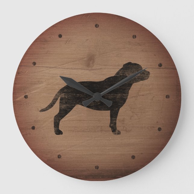 Reloj Redondo Grande Staffordshire Bull Terrier Silhouette Estilo Rústi (Anverso)