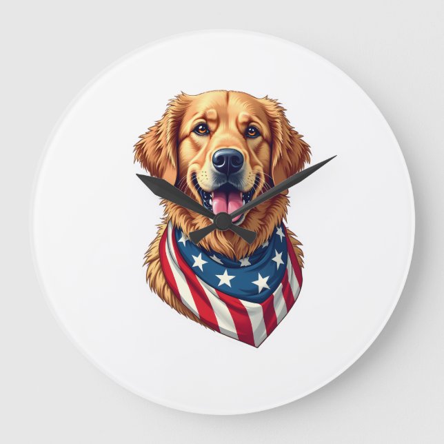 Reloj Redondo Grande Star Spangled Golden Retriever Vintage Tee 4 (Anverso)