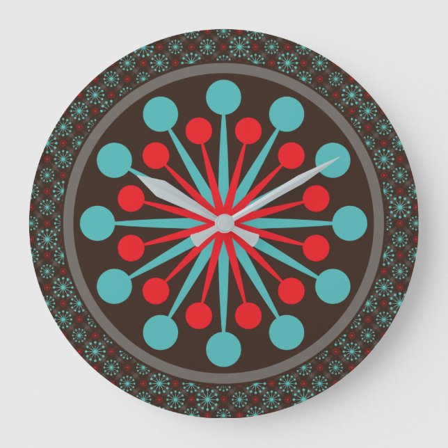 Reloj Redondo Grande Starburst Mid Century Turquesa Rojo Moderno (Anverso)