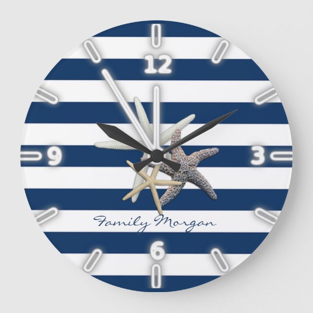Reloj Redondo Grande Starfish Adorable, Navy Blue Stripes Personalizado (Anverso)