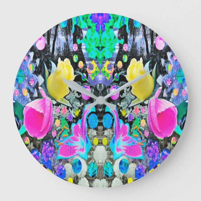 Reloj Redondo Grande Stargazer Lily, Rosa y Collage de Hibiscus Rosa (Anverso)