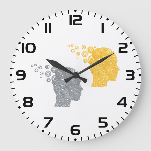 Reloj Redondo Grande Steampunk Brain Power Cogwheel Heads (Anverso)