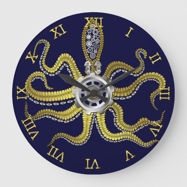 Reloj Redondo Grande Steampunk Gears Octopus Kraken Nautical Gold Blue (Anverso)