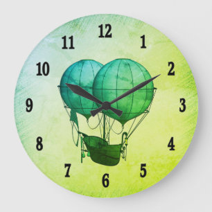 Reloj Redondo Grande Steampunk Hot Air Balloons with Ship Green