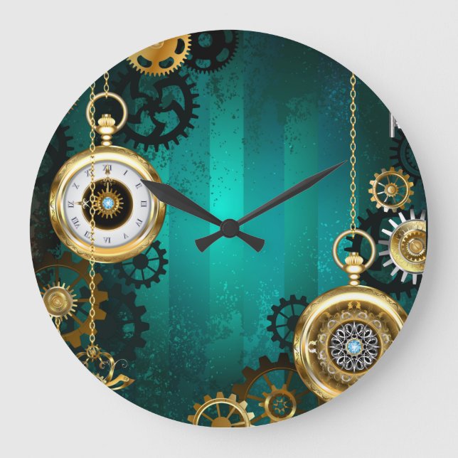 Reloj Redondo Grande Steampunk Jewelry Watch sobre un fondo verde (Anverso)