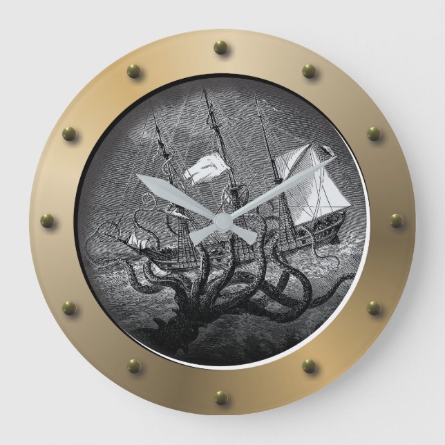 Reloj Redondo Grande Steampunk Ships Porthole Giant Octopus Kraken  (Anverso)