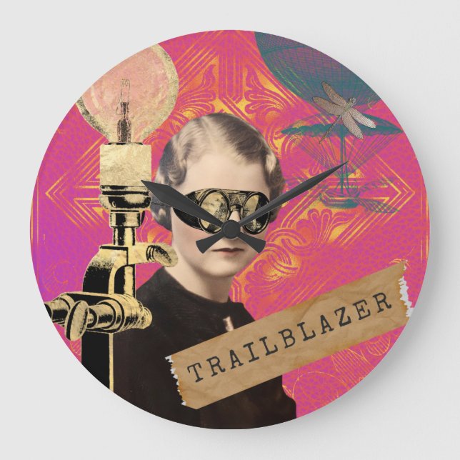 Reloj Redondo Grande Steampunk Woman Trailblazer Pop Art (Anverso)