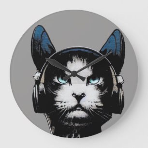 Reloj Redondo Grande Street Art Cat With Headphones Clock
