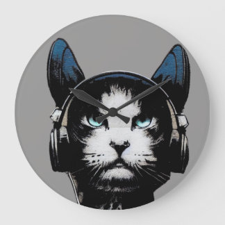 Reloj Redondo Grande Street Art Cat With Headphones Clock