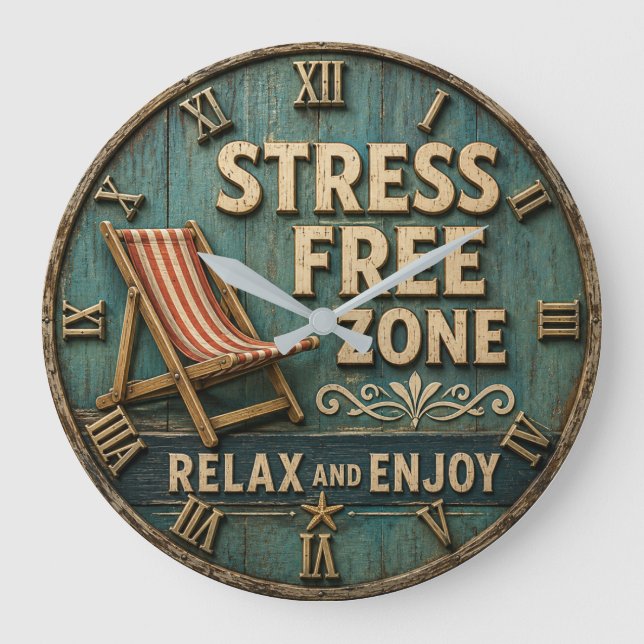 Reloj Redondo Grande Stress Free Zone Rustic Coastal Beach House Decor (Anverso)