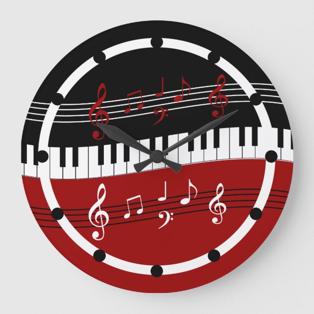 Reloj Redondo Grande Stylish Red Black White Piano Keys and Notes (Anverso)