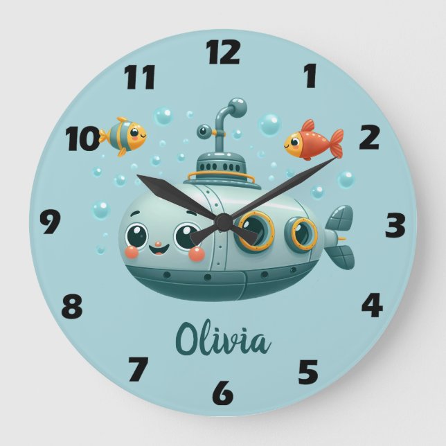 Reloj Redondo Grande Submarino Cute sonriente con peces y burbujas (Anverso)