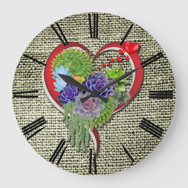 Reloj Redondo Grande Suculenta decoración vegetal en el corazón (Anverso)