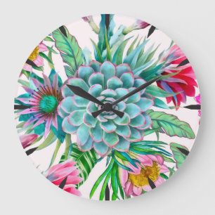 Reloj Redondo Grande Suculentas Echeveria Jardín Tropical