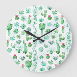 Reloj Redondo Grande Suculento Jardín: Acuarela De Fondo Impresionante.