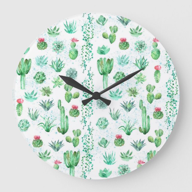 Reloj Redondo Grande Suculento Jardín: Acuarela De Fondo Impresionante. (Anverso)