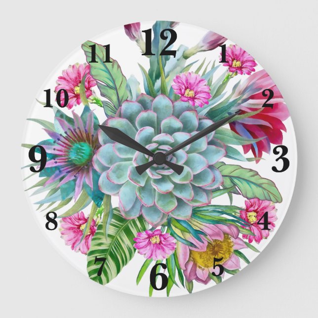 Reloj Redondo Grande Suculento Jardín Tropical (Anverso)