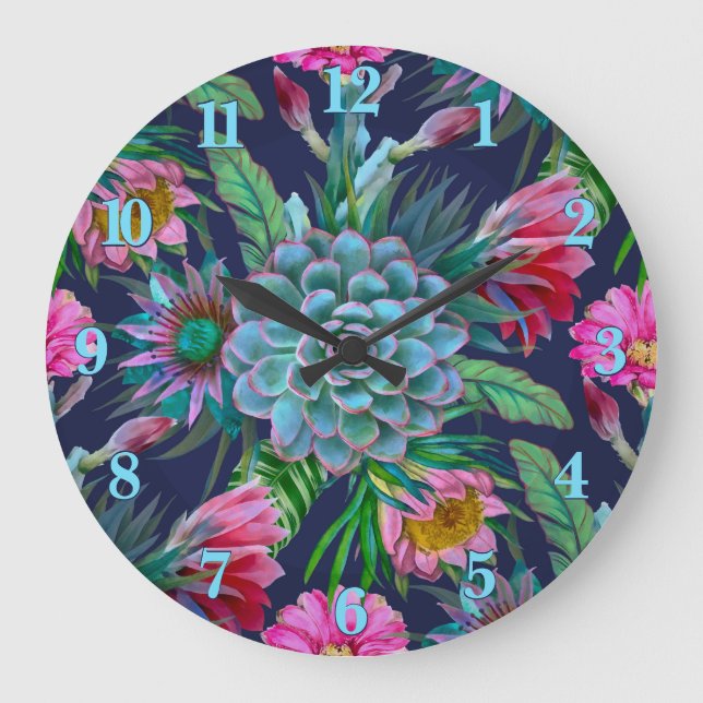 Reloj Redondo Grande Suculento Jardín Tropical (Anverso)