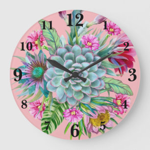 Reloj Redondo Grande Suculento Jardín Tropical