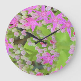 Reloj Redondo Grande Suculento sedum rosa caliente con hojas verdes flo