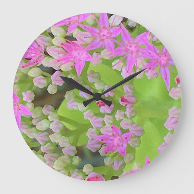 Reloj Redondo Grande Suculento sedum rosa caliente con hojas verdes flo (Anverso)