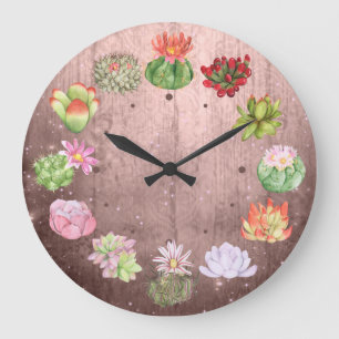 Reloj Redondo Grande Sucultores de acuarela rústica