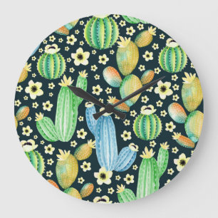 Reloj Redondo Grande Sucultores Patrón de acuarela Cactus Floral