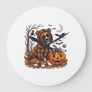 Reloj Redondo Grande Sudadera de cuadros con perro boxer, calabaza de H