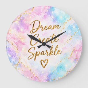 Reloj Redondo Grande Sueña Crea Brillo Pastel Acuarela Oro Rosa
