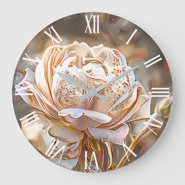 Reloj Redondo Grande Sueño de arte Rosa único elegante de seda dorada (Anverso)