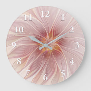 Reloj Redondo Grande Sueño floral rosa suave Resumen Flor de arte fract