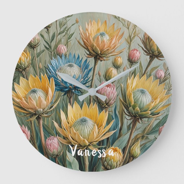 Reloj Redondo Grande Sueño Pastel Protea: Floral elegante (Anverso)