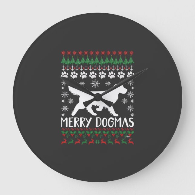 Reloj Redondo Grande Suéter Feo De Navidad Perro Copo De Nieve Alegres  (Anverso)