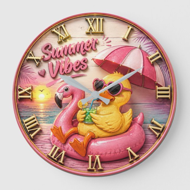 Reloj Redondo Grande Summer Vibes Duck Cute Flamingo Pool Float Beach (Anverso)