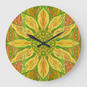 Reloj Redondo Grande Sun Flor bohemio arte floral amarillo naranja verd