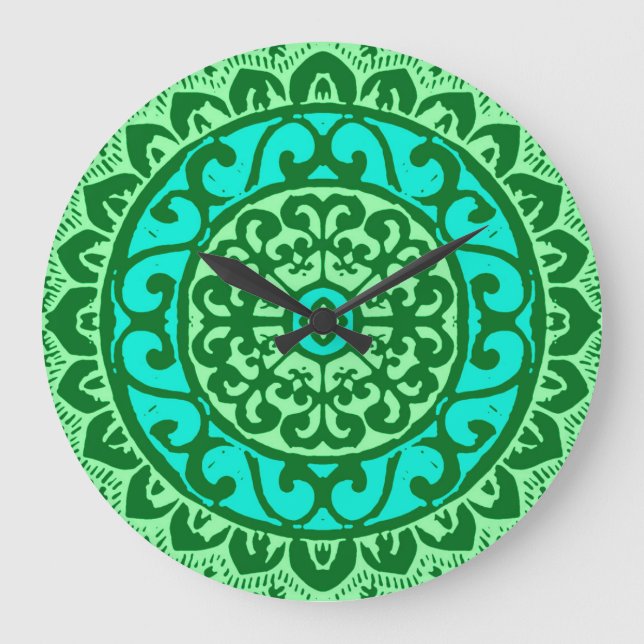 Reloj Redondo Grande Sun Mandala Batik del Suroeste, Lime Green (Anverso)