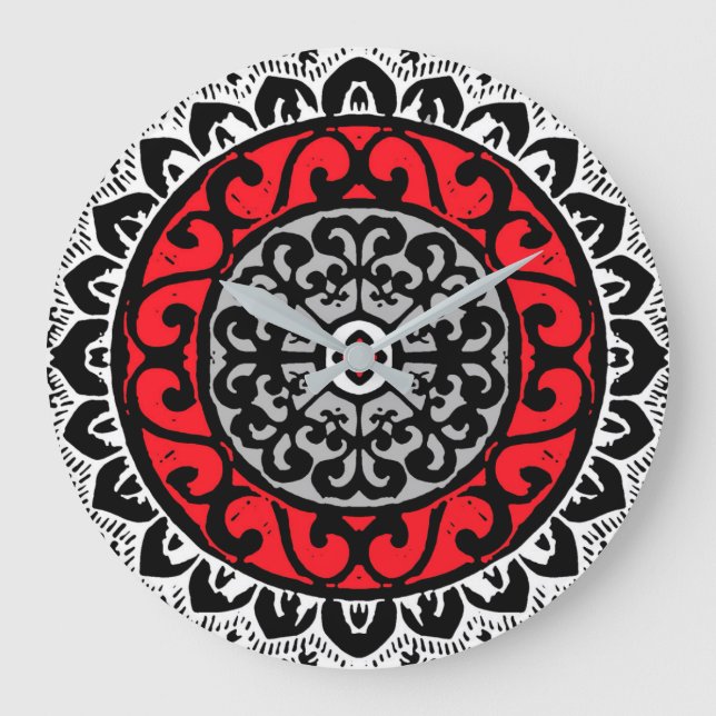Reloj Redondo Grande Sun Mandala Batik del Suroeste, Rojo, Negro y Blan (Anverso)