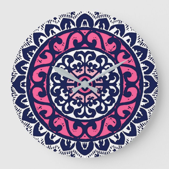 Reloj Redondo Grande Sun Mandala, Fuchsia, Marina y Blanco del Suroeste (Anverso)