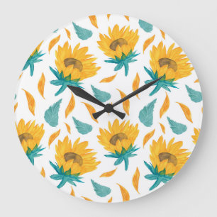 Reloj Redondo Grande Sunflower acuarela: Impresión botánica de verano